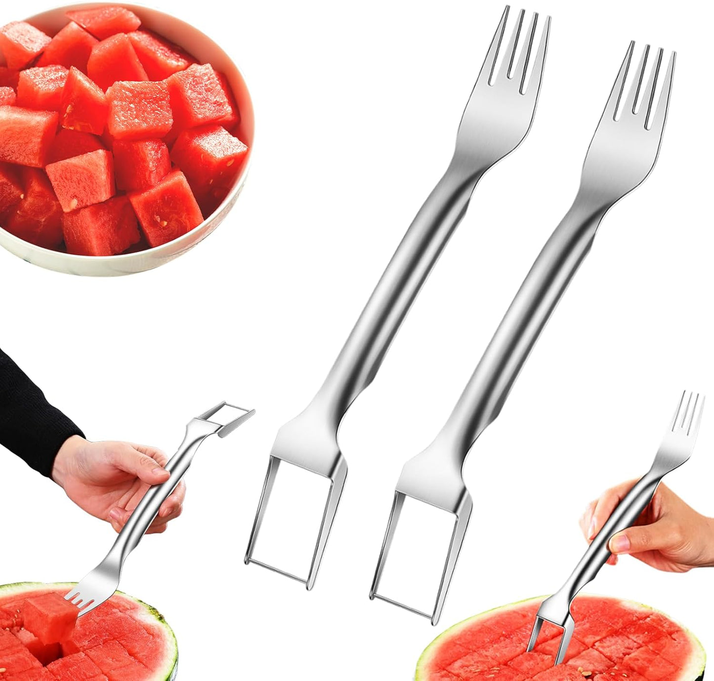 LURNODY 2 Paquetes Tenedor de Corte de Frutas Cortador De SandíA 2 En 1 Cortador de Sandia Acero Inoxidable, Adecuado para El Hogar, Cocina, Camping o Artículos para Fiestas (Plateado)