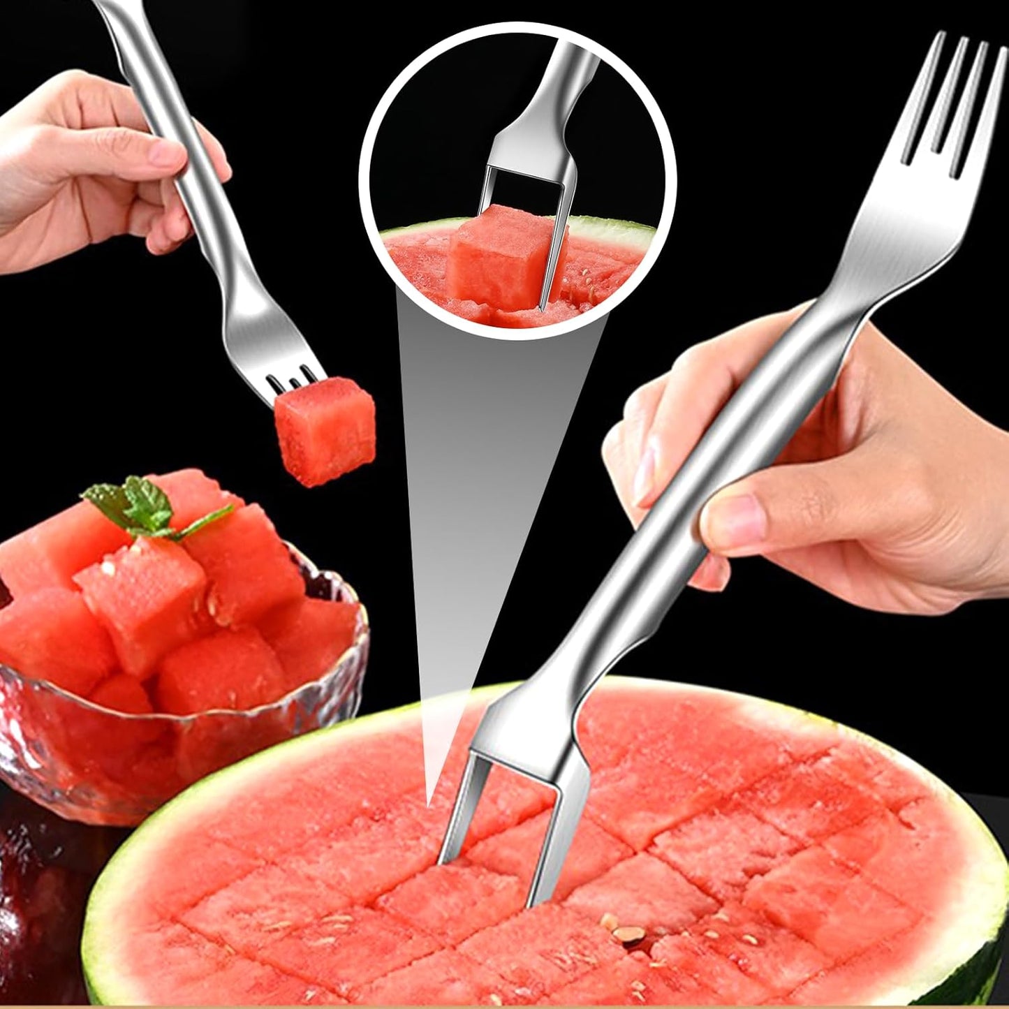 LURNODY 2 Paquetes Tenedor de Corte de Frutas Cortador De SandíA 2 En 1 Cortador de Sandia Acero Inoxidable, Adecuado para El Hogar, Cocina, Camping o Artículos para Fiestas (Plateado)