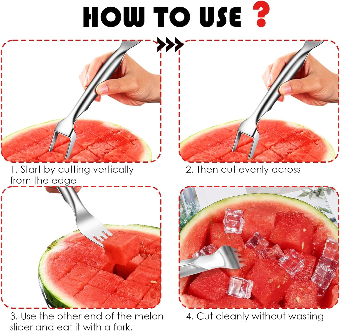 LURNODY 2 Paquetes Tenedor de Corte de Frutas Cortador De SandíA 2 En 1 Cortador de Sandia Acero Inoxidable, Adecuado para El Hogar, Cocina, Camping o Artículos para Fiestas (Plateado)