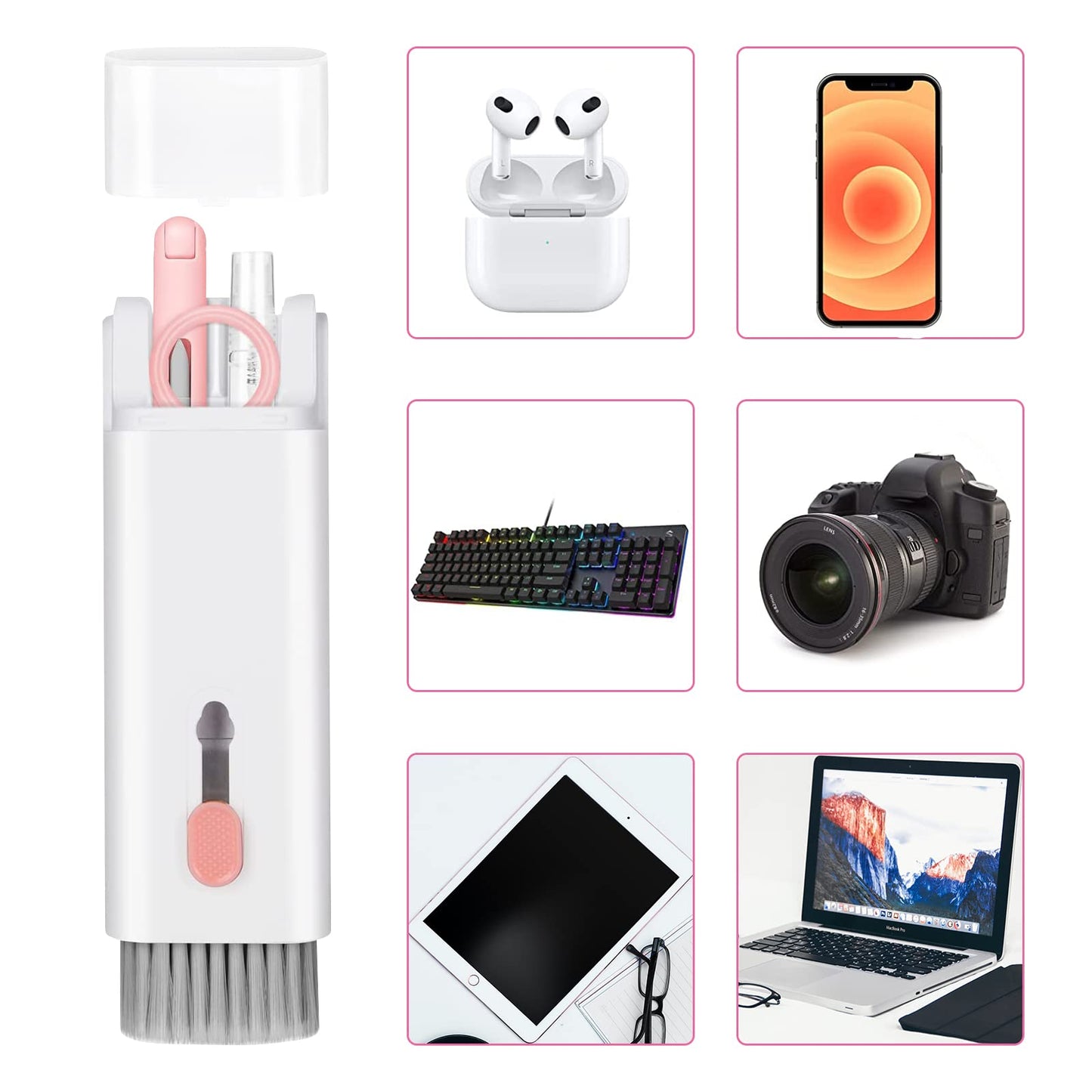 Kit de limpieza electrónica 7 en 1, limpiador de teclado, kit de limpieza de laptop para monitor, teléfono celular, auriculares, Lego, lente de cámara de computadora portátil (rosa)