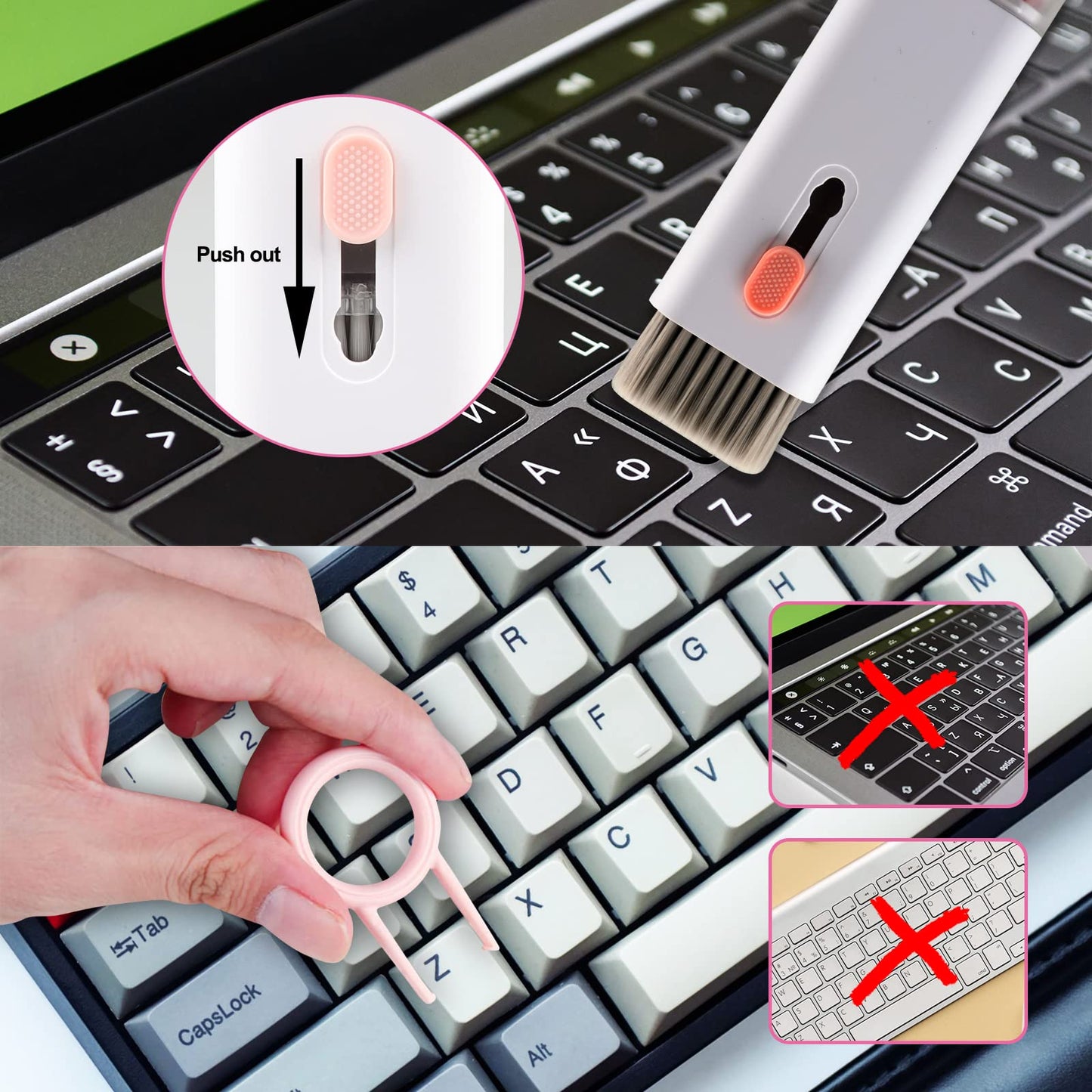 Kit de limpieza electrónica 7 en 1, limpiador de teclado, kit de limpieza de laptop para monitor, teléfono celular, auriculares, Lego, lente de cámara de computadora portátil (rosa)