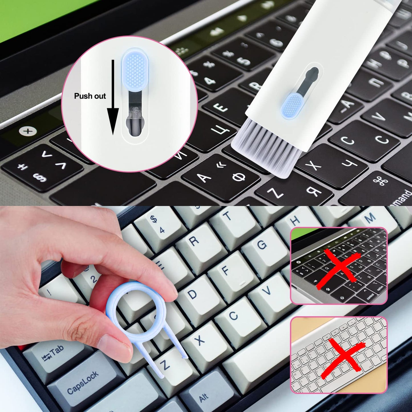 Kit de limpieza electrónica 7 en 1, limpiador de teclado, kit de limpieza de laptop para monitor, teléfono celular, auriculares, Lego, lente de cámara de computadora portátil (rosa)
