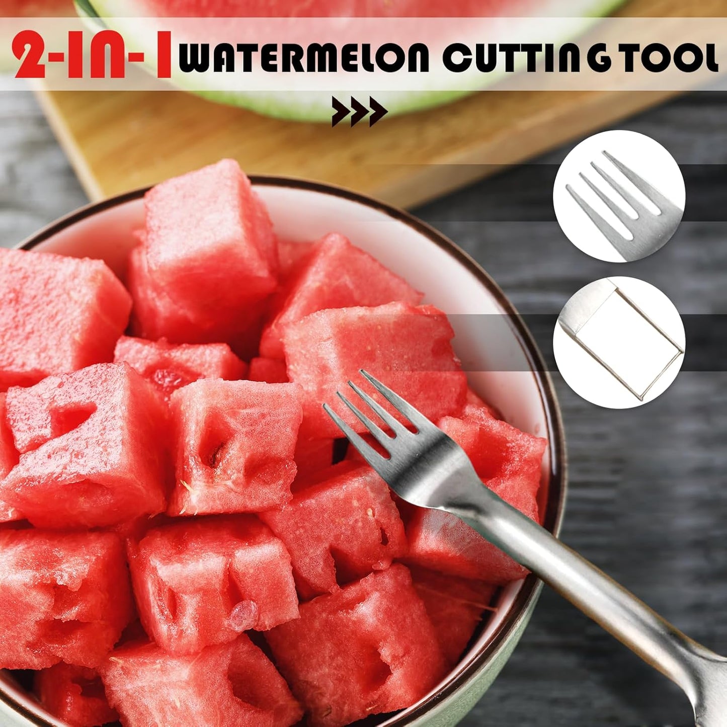 LURNODY 2 Paquetes Tenedor de Corte de Frutas Cortador De SandíA 2 En 1 Cortador de Sandia Acero Inoxidable, Adecuado para El Hogar, Cocina, Camping o Artículos para Fiestas (Plateado)